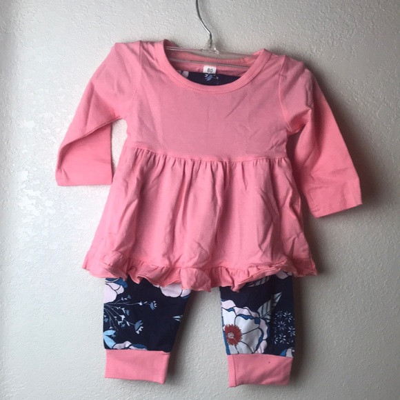 2pcs Baby Girl Solid Cotton Ruffle Trim Bow Front Long-sleeve Top and Floral - Picture 1 of 8